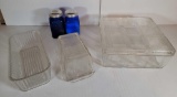 3 Glass Refrigerator Dishes- 2 with Lids and 2 Blue Glass Shakers
