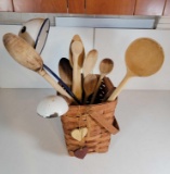 Longaberger Basket with Utensils- 2 Enamelware Ladles, Various Wooden Spoons, etc.