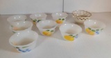 8 Hand Painted Fire King Milk Glass Custard Cups and Small Lenox Bowl with Heart Cut-Out Rim