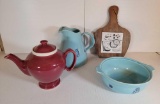 2 Hall Pieces- Water Pitcher and Casserole (Lid Missing), McCormick Tea Pot, Wood & Tile Trivet