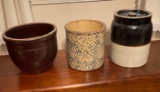 3 Stoneware Crocks- Brown, Spongeware and Lidded Crock