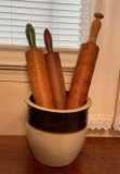 Stoneware 2-Tone Crock with 3 Vintage Wooden Rolling Pins