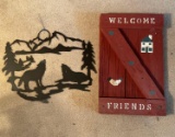Metal Wolves in Landscape Silhouette and Wooden Barn Door Sign 