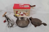 Peeler in Box, Vintage Egg Beater and Cast Iron Kitchen Ware