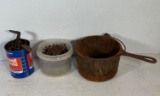 Cast Iron Handled Pot and 2 Containers of Nails