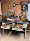 Work Bench, Contents and Items on Pegboard Over Work Bench