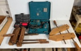 Cased Socket Set, Makita Drill in Case and 3 Wood Clamps- 2 Have Wood Threads, Other is Jorgensen