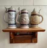 3 Beer Steins with Pewter Lids and Oak Wall Shelf