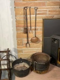 2 Cast Iron Kettles, 2 Iron Forks and 2 Ladles
