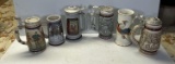 4 Steins with Pewter Lids, 2 Open Mugs
