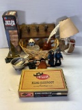 Jenga Game, Small Wooden Peg Rack Chicken Lamp, 2 Cast Iron Amish Figures, 2 Wooden Amish Dolls