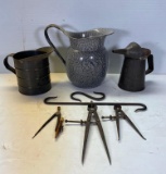 Gray Agate Pitcher, 2 Metal Pouring Vessels, Wrought Iron Hooks, Compass and 2 Tracing Compasses