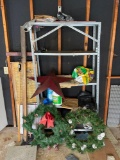 Metal Shelving Unit with Contents- Holiday Decorations, Tin Star, Garden & Cleaning Items
