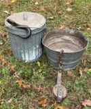 2 Galvanized Cans- One with Lid, Pulley and Hook