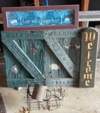 Signs Lot Including Barn Door Signs, Welcome Sign, Tin Watering Can and Wire Milk Bottle Carrier