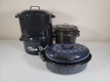 Enamelware Lot- Clam Pot with Spout, Stock Pot with Strainer Insert and Large Roaster