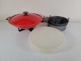 Electric Wok, 2 Angel Food Pans and Tupperware Round Storage Container with Lid