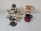 Chickadee Figure, Wrought Iron Votive Stand, and 2 Pieces of Pottery