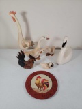 Roosters, Geese, Swan Figures and Folk Art Rooster Painting