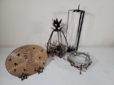 Wrought Iron Candle Holders, Bowl Holder and Decorative Oval Plate on Stand,