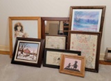 7 Framed Prints, Needlework and Mirror