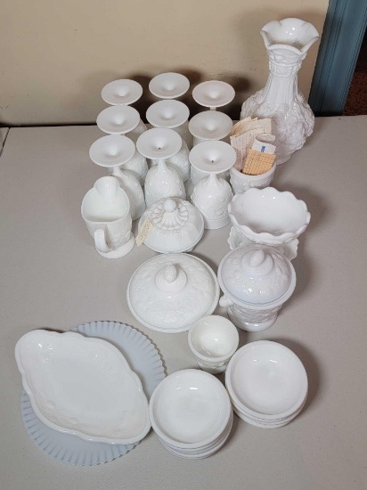 Milk Glass Grouping- Stemware, Vases, Bowls, Lidded Dish, Sugar & Creamer, Platters
