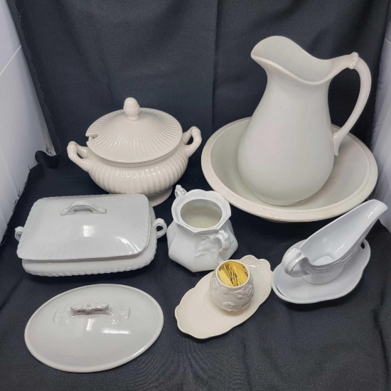 Ironstone Pitcher and Bowl Set, Tureen, Lidded Vegetable, Gravy Boat, Sugar, Small Tray and Lid