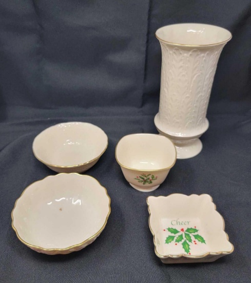 Lenox Grouping- Tall Vase, Holly Bowl & Dish, Small Bowl and Other Bowl