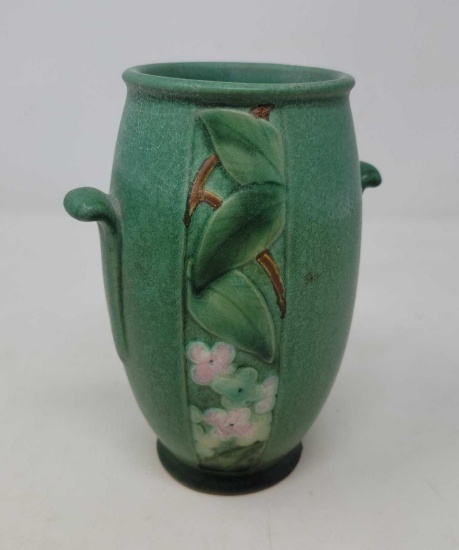 Green Double Handled Weller Vase with Floral Panel
