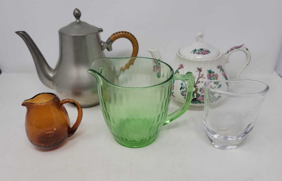 Pewter & Sadler China Tea Pots, Green Glass Pitcher, Crackle Glass Creamer and Etched Glass Vase