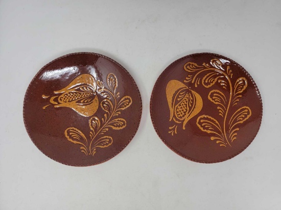2 Ned Foltz Redware Plates with Sgrafitto Tulip Decoration
