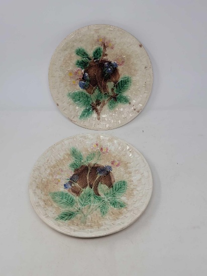 Pair of Majolica Plates with Basket Weave Background and Flower, Leaf & Berry Motif