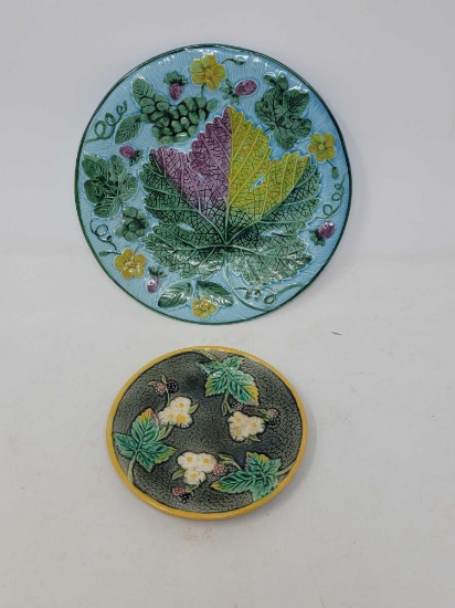 2 Majolica Plates- Large is West German Leaf Plate, Smaller is Strawberry Leaf & Blossom