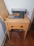 Universal Sewing Machine in Cabinet with Woven Sewing Basket, Coaster and Storage Totes