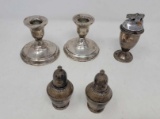 Sterling Weighted Lot- Pair of Candle Holders, Lighter, Salt & Pepper Set