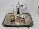 Silver Plate Coffee Pot with Lidded Sugar & Creamer and Large Serving Tray