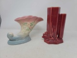 Hull Cornucopia Vase with Flowers and Red Pottery Dual Vase with Leaf & Berry Motif