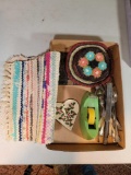 Miniature Woven Rag Rug, Fabric Coasters, Assorted Flatware, Tape Dispenser, Trivet and Holly Heart