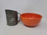 Metal Flour Sifter and Orange Mixing Bowl