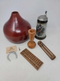 Ceramic Beer Stein w/ Pewter Lid, Wooden Vase, Miniature Abacus, Gourd Type Vase, More