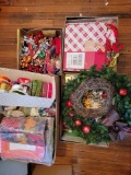 3 Boxes- Christmas Wrap, Ribbons, Wreaths, Etc.