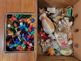 Small Box of Vintage Colored Christmas Tree Lights, Ornaments & Other Decorations