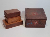 4 Wooden Boxes- Large is Machine Dove-Tailed and Paint Decorated