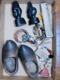Pair of Small Wooden Clogs, Wooden Asian Carvings, Beaded Bracelets, Hand Fan in Box