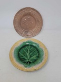 Etruscan Majolica Leaf Plate and Mauve Figural Plate