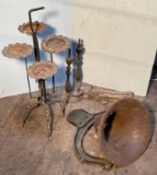 Cast Iron Dinner Bell, Wrought Iron Plant Stand and Fireplace Log Holders