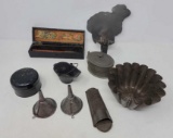 Miniature Cast Iron Coal Scuttle, Wooden Paintbrush Box and Tin Items