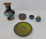 Cloisonne and Other Enamelled Items- Vase, Lidded Box, Open Salt and Small Shaker and Plate