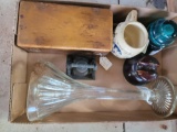Wooden Box, Tall Glass Vase, Blue Glass & Ceramic Insulators, Miniature Liberty Bell and Mug