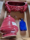 3-Footed Red Pottery Planter with Gnomes, Blue Glass Bottle, Red Ceramic Jug